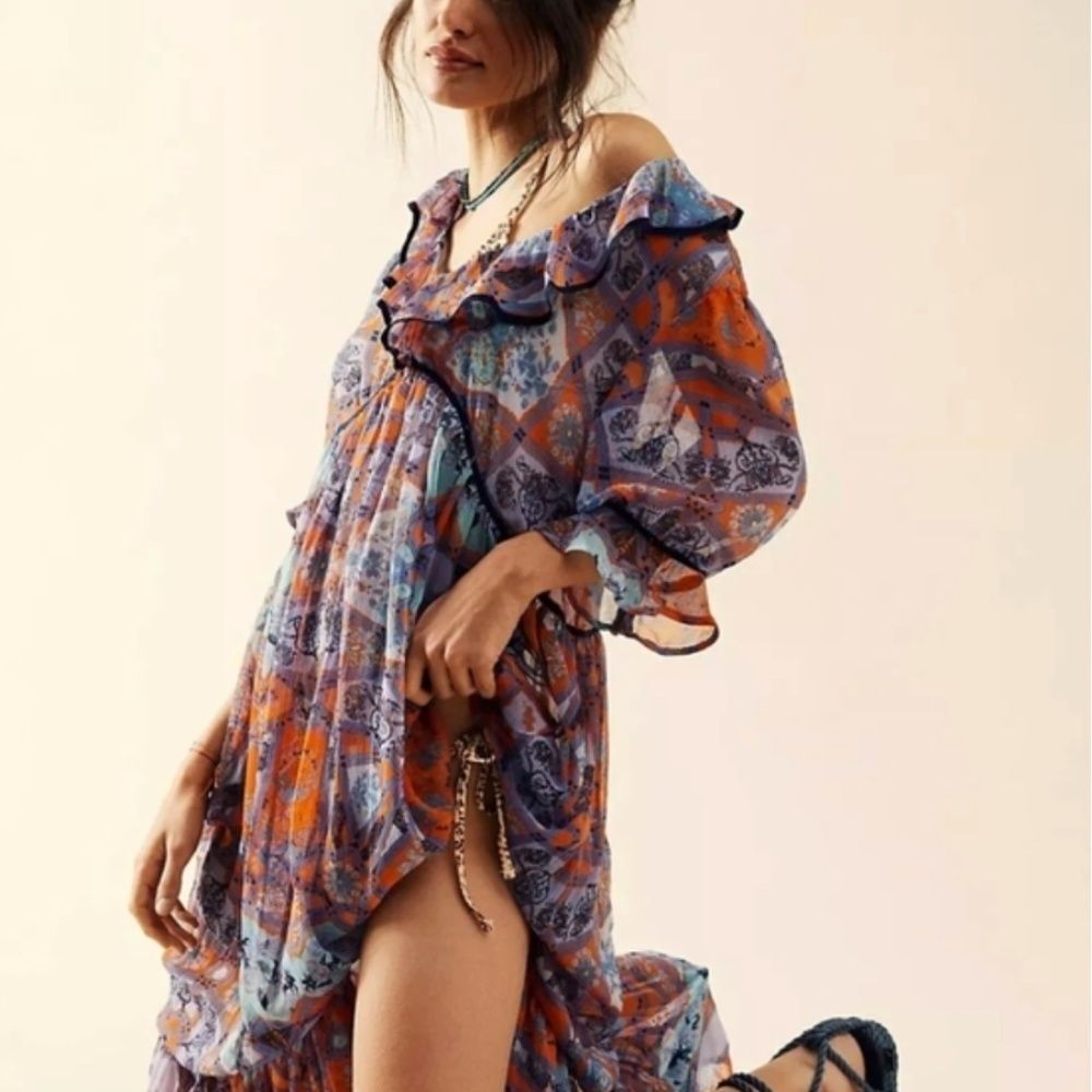 Free People Carmela Printed Ruffle Maxi Dress Orange Blue Boho XS